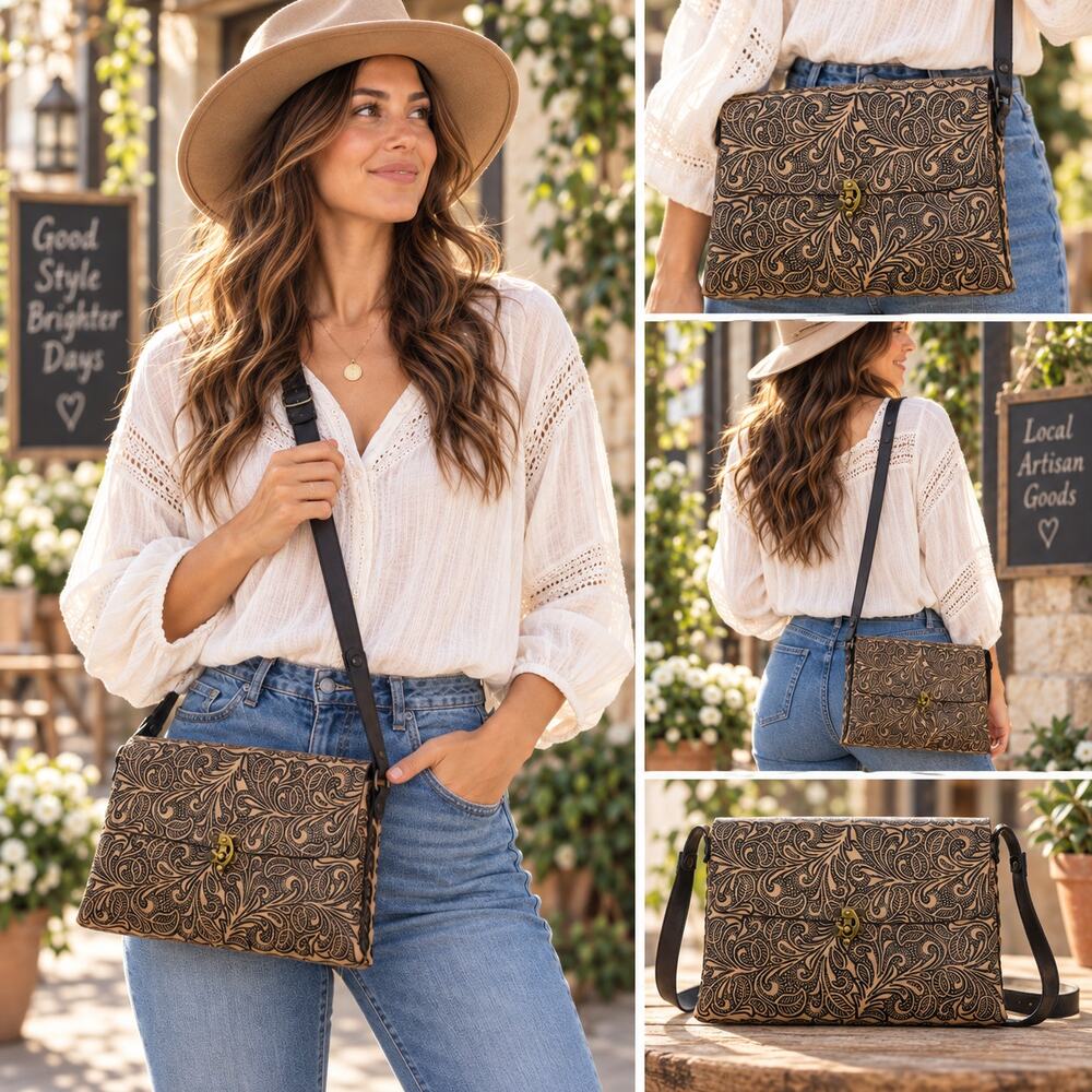 Mexican Tooled Leather Crossbody Bag Tan Black Floral Boho Western Purse New
